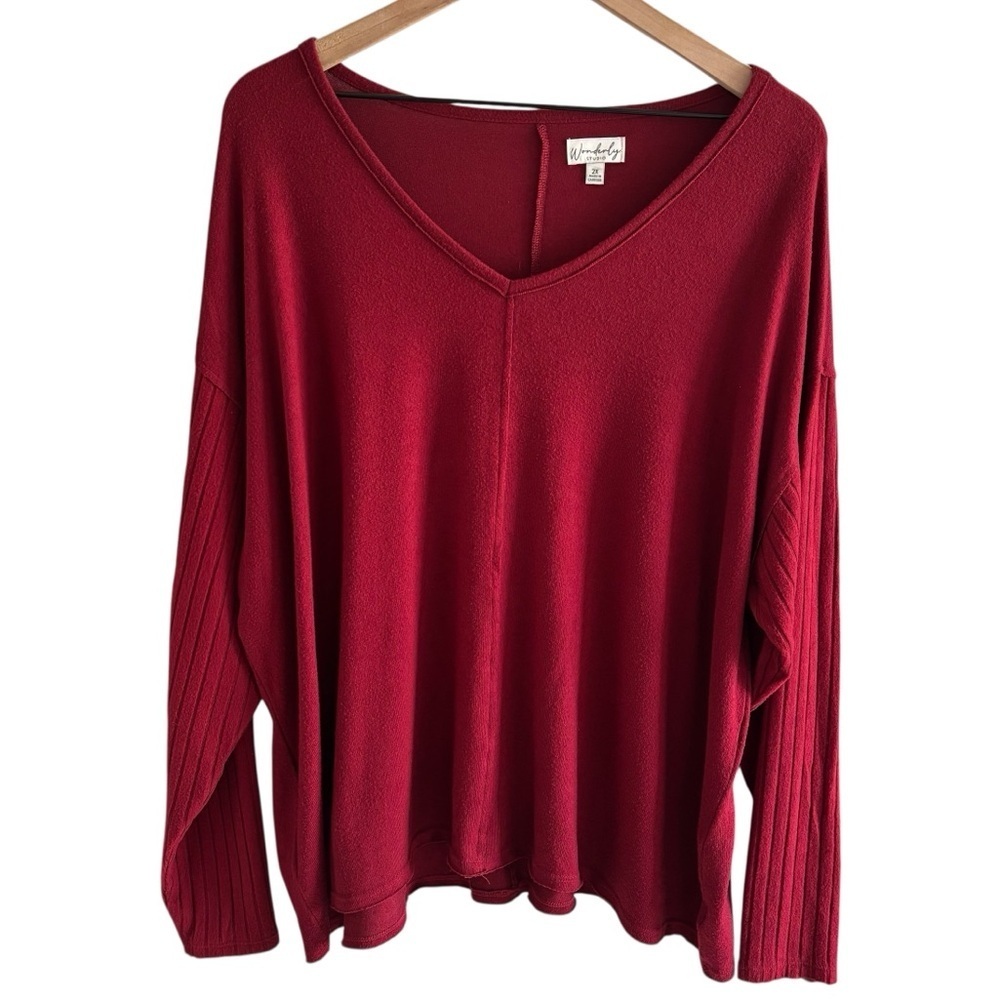 Wonderly V-Neck Sweater Size 2X Brushed Knit Long Sleeve Red Pullover Casual
